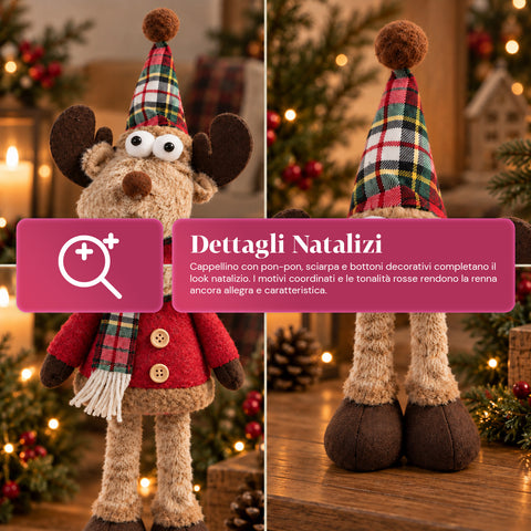 Renna Natalizia Decorativa in Poliestere - Ornamento di Natale con Base Sabbiata, Design Simpatico, 4 Varianti Stile, 2 Misure 35 e 50 cm