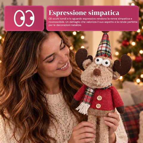 Renna Natalizia Decorativa in Poliestere - Ornamento di Natale con Base Sabbiata, Design Simpatico, 4 Varianti Stile, 2 Misure 35 e 50 cm
