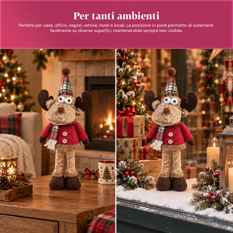 Renna Natalizia Decorativa in Poliestere - Ornamento di Natale con Base Sabbiata, Design Simpatico, 4 Varianti Stile, 2 Misure 35 e 50 cm