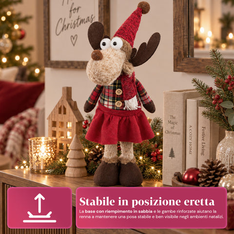 Renna Natalizia Decorativa in Poliestere - Ornamento di Natale con Base Sabbiata, Design Simpatico, 4 Varianti Stile, 2 Misure 35 e 50 cm