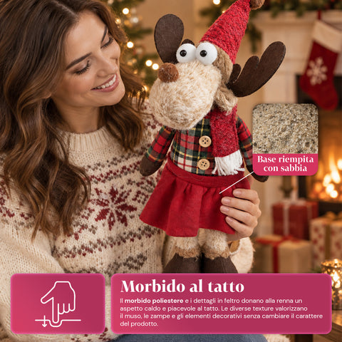 Renna Natalizia Decorativa in Poliestere - Ornamento di Natale con Base Sabbiata, Design Simpatico, 4 Varianti Stile, 2 Misure 35 e 50 cm