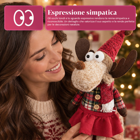 Renna Natalizia Decorativa in Poliestere - Ornamento di Natale con Base Sabbiata, Design Simpatico, 4 Varianti Stile, 2 Misure 35 e 50 cm
