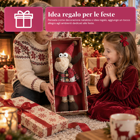Renna Natalizia Decorativa in Poliestere - Ornamento di Natale con Base Sabbiata, Design Simpatico, 4 Varianti Stile, 2 Misure 35 e 50 cm