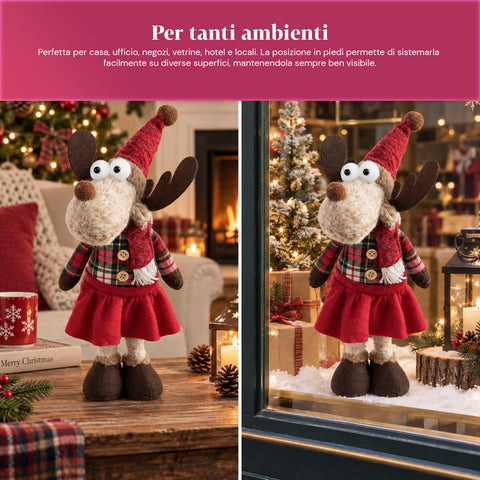 Renna Natalizia Decorativa in Poliestere - Ornamento di Natale con Base Sabbiata, Design Simpatico, 4 Varianti Stile, 2 Misure 35 e 50 cm
