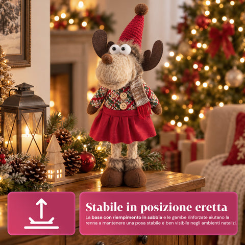 Renna Natalizia Decorativa in Poliestere - Ornamento di Natale con Base Sabbiata, Design Simpatico, 4 Varianti Stile, 2 Misure 35 e 50 cm