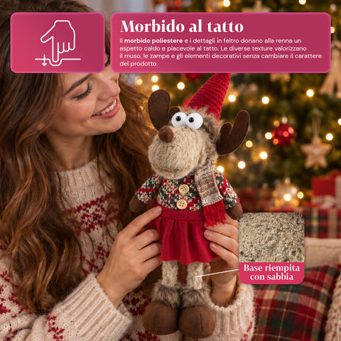 Renna Natalizia Decorativa in Poliestere - Ornamento di Natale con Base Sabbiata, Design Simpatico, 4 Varianti Stile, 2 Misure 35 e 50 cm