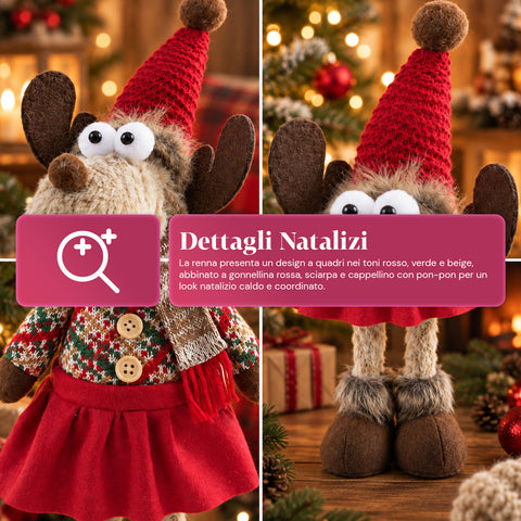 Renna Natalizia Decorativa in Poliestere - Ornamento di Natale con Base Sabbiata, Design Simpatico, 4 Varianti Stile, 2 Misure 35 e 50 cm