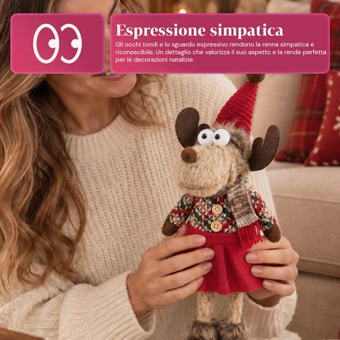 Renna Natalizia Decorativa in Poliestere - Ornamento di Natale con Base Sabbiata, Design Simpatico, 4 Varianti Stile, 2 Misure 35 e 50 cm