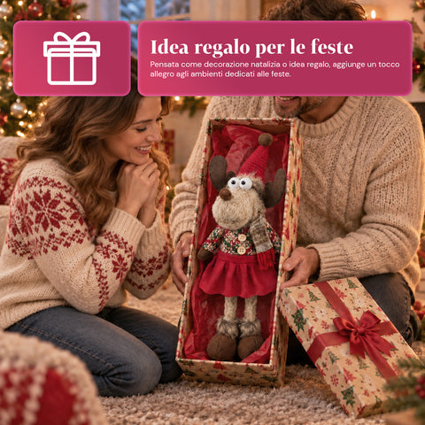 Renna Natalizia Decorativa in Poliestere - Ornamento di Natale con Base Sabbiata, Design Simpatico, 4 Varianti Stile, 2 Misure 35 e 50 cm