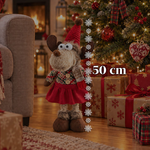 Renna Natalizia Decorativa in Poliestere - Ornamento di Natale con Base Sabbiata, Design Simpatico, 4 Varianti Stile, 2 Misure 35 e 50 cm