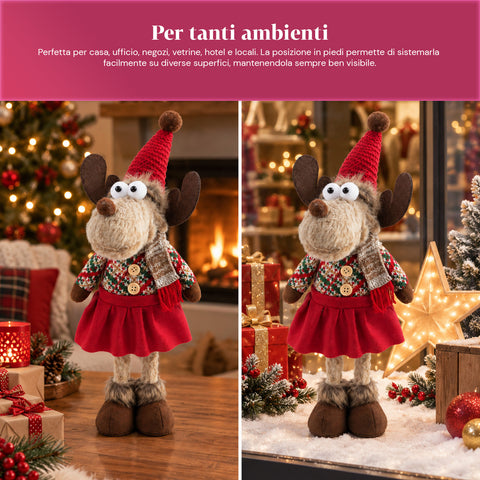 Renna Natalizia Decorativa in Poliestere - Ornamento di Natale con Base Sabbiata, Design Simpatico, 4 Varianti Stile, 2 Misure 35 e 50 cm