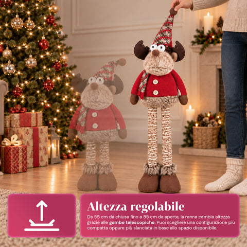 Renna Natalizia Decorativa Estensibile 55-85 cm - Ornamento di Natale con Gambe Telescopiche, Struttura in Metallo, Poliestere, 4 Varianti Stile