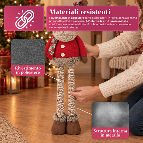 Renna Natalizia Decorativa Estensibile 55-85 cm - Ornamento di Natale con Gambe Telescopiche, Struttura in Metallo, Poliestere, 4 Varianti Stile