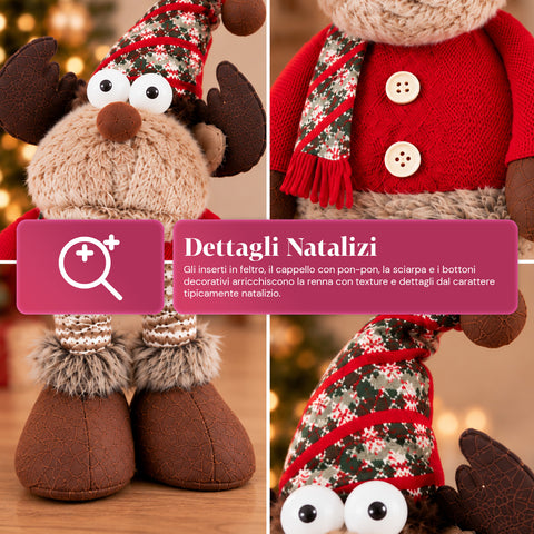 Renna Natalizia Decorativa Estensibile 55-85 cm - Ornamento di Natale con Gambe Telescopiche, Struttura in Metallo, Poliestere, 4 Varianti Stile