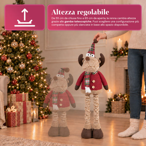 Renna Natalizia Decorativa Estensibile 55-85 cm - Ornamento di Natale con Gambe Telescopiche, Struttura in Metallo, Poliestere, 4 Varianti Stile