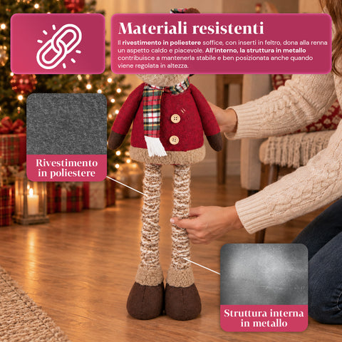 Renna Natalizia Decorativa Estensibile 55-85 cm - Ornamento di Natale con Gambe Telescopiche, Struttura in Metallo, Poliestere, 4 Varianti Stile