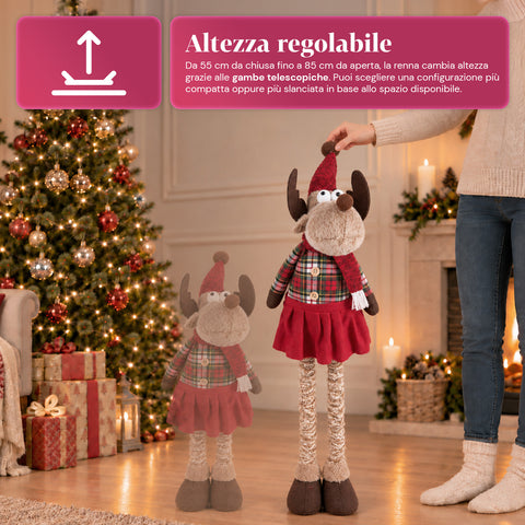 Renna Natalizia Decorativa Estensibile 55-85 cm - Ornamento di Natale con Gambe Telescopiche, Struttura in Metallo, Poliestere, 4 Varianti Stile