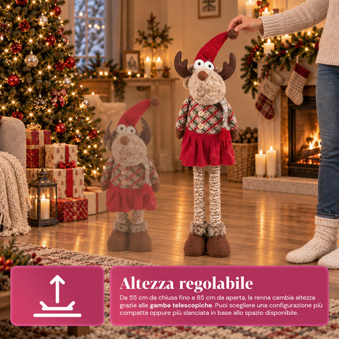 Renna Natalizia Decorativa Estensibile 55-85 cm - Ornamento di Natale con Gambe Telescopiche, Struttura in Metallo, Poliestere, 4 Varianti Stile