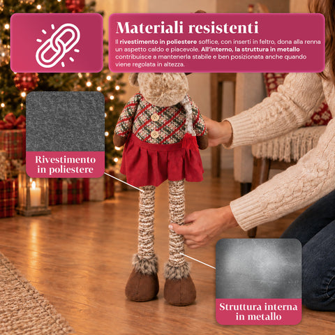 Renna Natalizia Decorativa Estensibile 55-85 cm - Ornamento di Natale con Gambe Telescopiche, Struttura in Metallo, Poliestere, 4 Varianti Stile