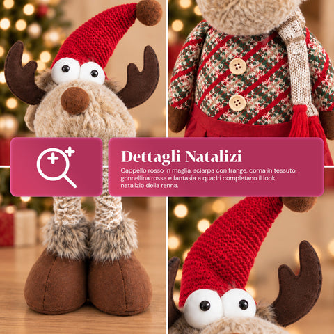 Renna Natalizia Decorativa Estensibile 55-85 cm - Ornamento di Natale con Gambe Telescopiche, Struttura in Metallo, Poliestere, 4 Varianti Stile