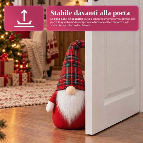 Fermaporta Gnomo Natalizio 60 cm con LED nel Naso, 3 Modalità Luce, Riempito con Sabbia 1 kg, Morbido in Poliestere - Bindbox
