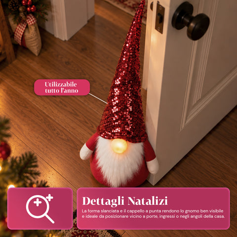 Fermaporta Gnomo Natalizio 60 cm con LED nel Naso, 3 Modalità Luce, Riempito con Sabbia 1 kg, Morbido in Poliestere - Bindbox