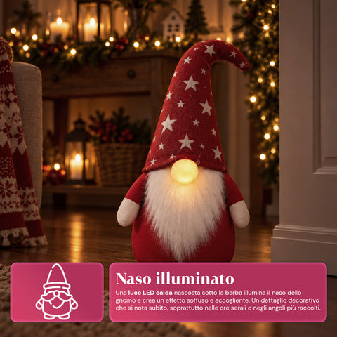 Fermaporta Gnomo Natalizio 60 cm con LED nel Naso, 3 Modalità Luce, Riempito con Sabbia 1 kg, Morbido in Poliestere - Bindbox
