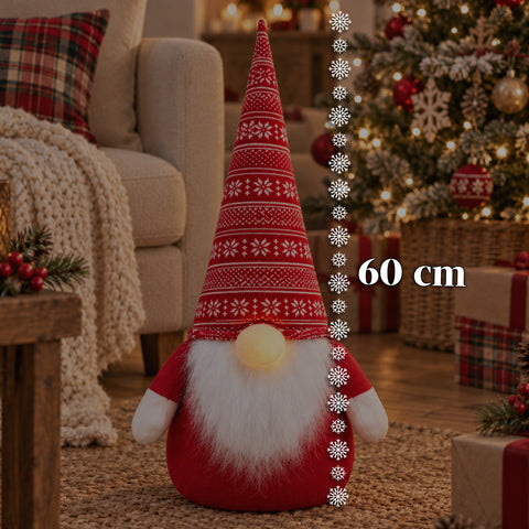 Fermaporta Gnomo Natalizio 60 cm con LED nel Naso, 3 Modalità Luce, Riempito con Sabbia 1 kg, Morbido in Poliestere - Bindbox