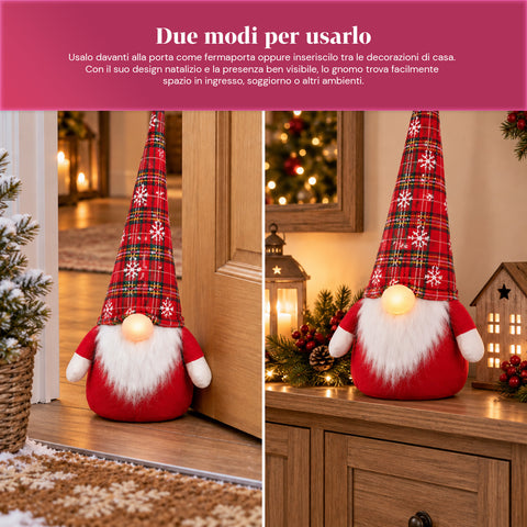 Fermaporta Gnomo Natalizio 60 cm con LED nel Naso, 3 Modalità Luce, Riempito con Sabbia 1 kg, Morbido in Poliestere - Bindbox