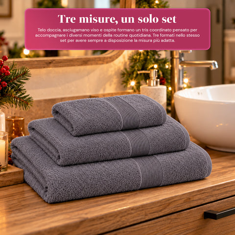Set 3 Asciugamani in 100% Cotone – Tris Bagno con Telo 90x140, Asciugamano 60x100 e Ospite 40x60 cm, Morbidi e Assorbenti, 6 Colori
