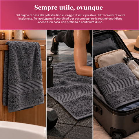 Set 3 Asciugamani in 100% Cotone – Tris Bagno con Telo 90x140, Asciugamano 60x100 e Ospite 40x60 cm, Morbidi e Assorbenti, 6 Colori