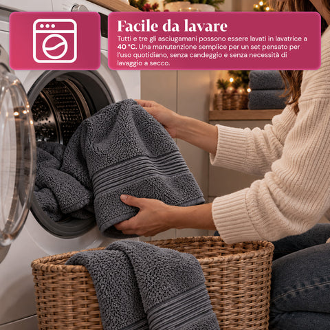 Set 3 Asciugamani in 100% Cotone – Tris Bagno con Telo 90x140, Asciugamano 60x100 e Ospite 40x60 cm, Morbidi e Assorbenti, 6 Colori