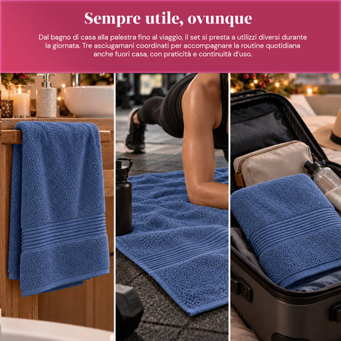 Set 3 Asciugamani in 100% Cotone – Tris Bagno con Telo 90x140, Asciugamano 60x100 e Ospite 40x60 cm, Morbidi e Assorbenti, 6 Colori