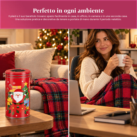 Barattolo Natalizio 30x16 cm con Plaid Coral Fleece 145x110 cm, Coperta Morbida Tartan a Quadri - Blind Box