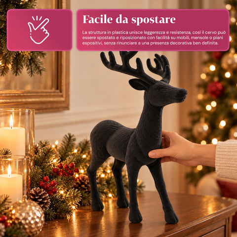Cervo Decorativo 33x44h cm Effetto Velluto, Statuina Renna Design Moderno per Casa, Ufficio e Vetrine, Decorazione Natalizia, 6 Varianti Colore