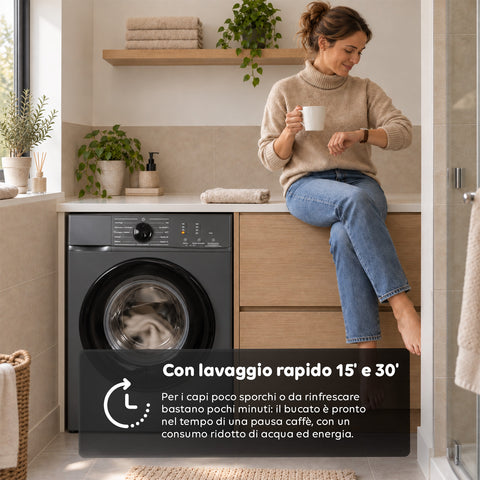 Lavatrice Carica Frontale 6 kg Classe A 1200 Giri/min, Slim 41 cm, Lavaggio a Vapore, Cestello a Nido d'Ape, Sicurezza Bambini, Bianco o Grigio