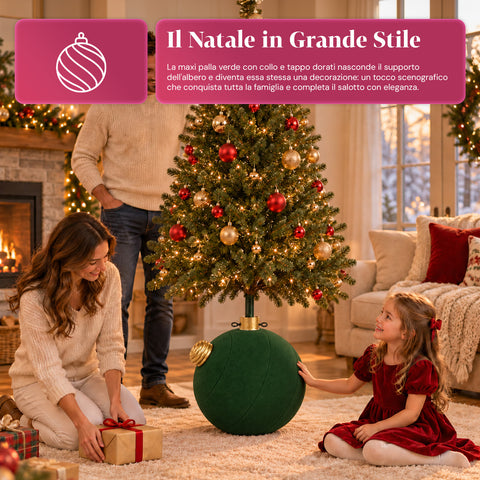 Base Albero di Natale a Palla Gigante Effetto Velluto 41x41x44 cm per Alberi fino a 180 cm - Copribase con Aggancio Ø 4 cm, Rosso Bordeaux Verde