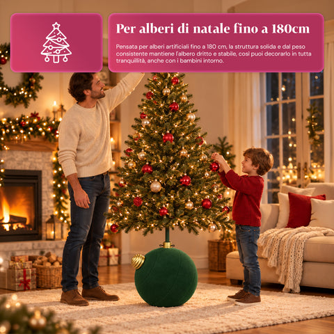 Base Albero di Natale a Palla Gigante Effetto Velluto 41x41x44 cm per Alberi fino a 180 cm - Copribase con Aggancio Ø 4 cm, Rosso Bordeaux Verde