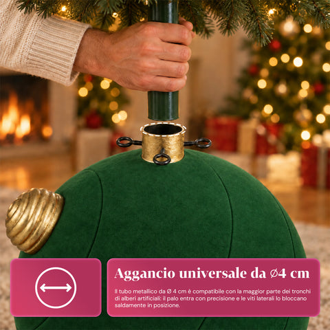 Base Albero di Natale a Palla Gigante Effetto Velluto 41x41x44 cm per Alberi fino a 180 cm - Copribase con Aggancio Ø 4 cm, Rosso Bordeaux Verde