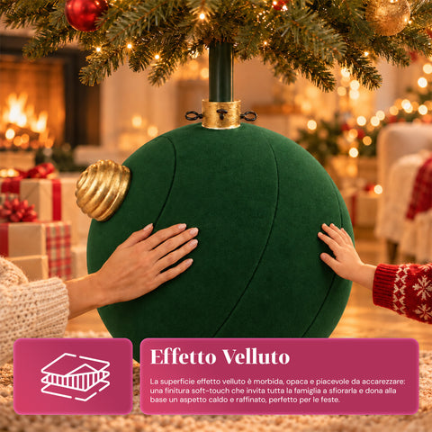 Base Albero di Natale a Palla Gigante Effetto Velluto 41x41x44 cm per Alberi fino a 180 cm - Copribase con Aggancio Ø 4 cm, Rosso Bordeaux Verde
