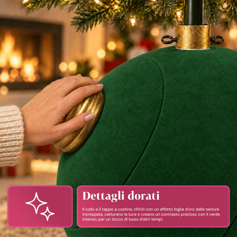 Base Albero di Natale a Palla Gigante Effetto Velluto 41x41x44 cm per Alberi fino a 180 cm - Copribase con Aggancio Ø 4 cm, Rosso Bordeaux Verde