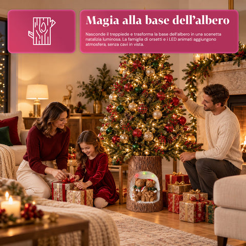 Base Albero di Natale a Tronco con LED Animati e Personaggi 3D per Alberi fino a 180 cm - Copribase in Ferro e Magnesio con Aggancio Ø 4 cm