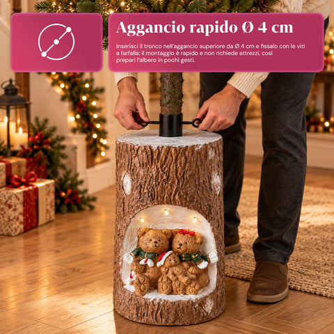 Base Albero di Natale a Tronco con LED Animati e Personaggi 3D per Alberi fino a 180 cm - Copribase in Ferro e Magnesio con Aggancio Ø 4 cm