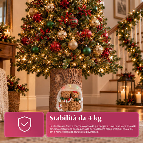 Base Albero di Natale a Tronco con LED Animati e Personaggi 3D per Alberi fino a 180 cm - Copribase in Ferro e Magnesio con Aggancio Ø 4 cm