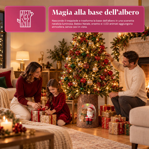 Base Albero di Natale a Tronco con LED Animati e Personaggi 3D per Alberi fino a 180 cm - Copribase in Ferro e Magnesio con Aggancio Ø 4 cm