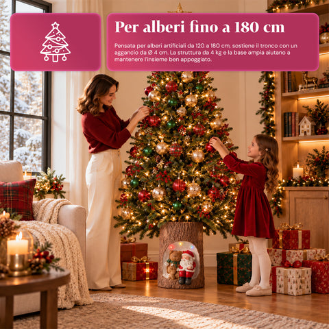 Base Albero di Natale a Tronco con LED Animati e Personaggi 3D per Alberi fino a 180 cm - Copribase in Ferro e Magnesio con Aggancio Ø 4 cm