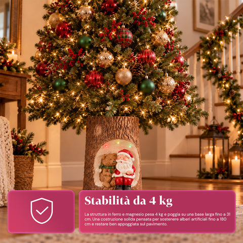 Base Albero di Natale a Tronco con LED Animati e Personaggi 3D per Alberi fino a 180 cm - Copribase in Ferro e Magnesio con Aggancio Ø 4 cm