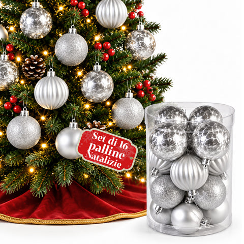 Set 16 Palline di Natale Infrangibili 7 cm - 4 Finiture Assortite Lucide, Opache e Glitterate - Decorazioni Albero e Casa - Rosso, Oro, Argento