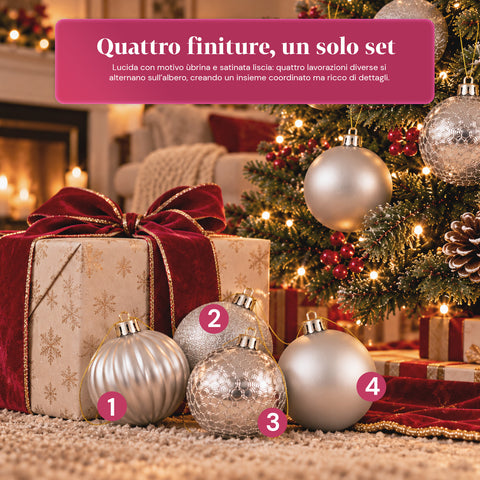 Set 16 Palline di Natale Infrangibili 7 cm - 4 Finiture Assortite Lucide, Opache e Glitterate - Decorazioni Albero e Casa - Rosso, Oro, Argento