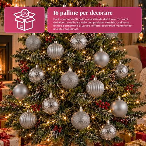 Set 16 Palline di Natale Infrangibili 7 cm - 4 Finiture Assortite Lucide, Opache e Glitterate - Decorazioni Albero e Casa - Rosso, Oro, Argento